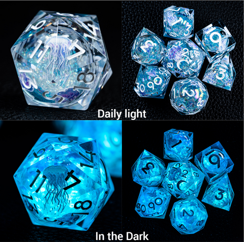 URWizards D&D Glow in the Dark Liquid Core Resin Engraved Dice Set Jellyfish - Urwizards