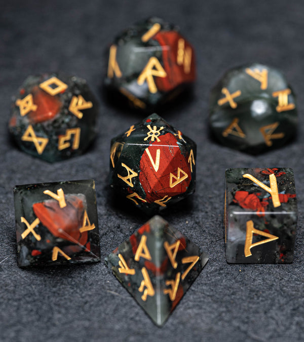 URWizards D&D Bloodstone Gemstone Engraved Dice Set Runes Numbers - Urwizards