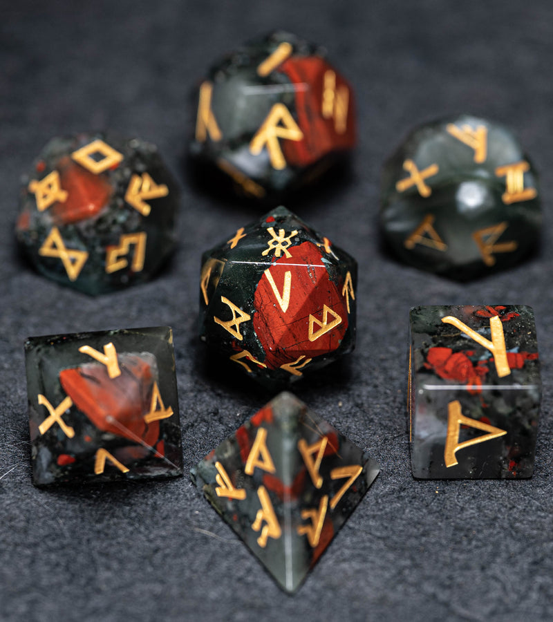 URWizards D&D Bloodstone Gemstone Engraved Dice Set Runes Numbers - Urwizards