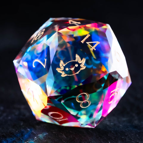 URWizards D&D Würfelset mit facettenreichem Prisma-Glas und Gravur im Axolotl-Stil