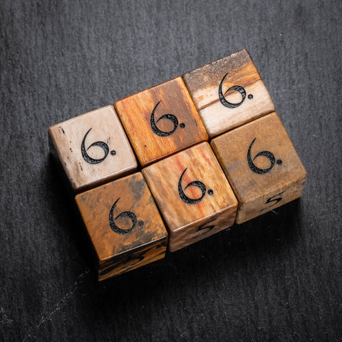 URWizards D&D Würfelset aus versteinertem Holz mit Edelsteingravur (Limitierte Auflage)