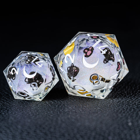 URWizards D&D Starry Liquid Heart Resin Engraved Dice Set Meow - Urwizards