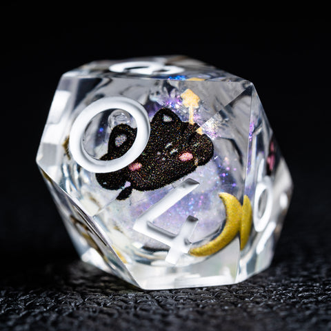 URWizards D&D Starry Liquid Heart Resin Engraved Dice Set Meow - Urwizards