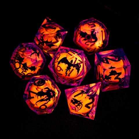 URWizards D&D Glow in the Dark Liquid Core Resin Engraved Dice Set Dragon - Urwizards