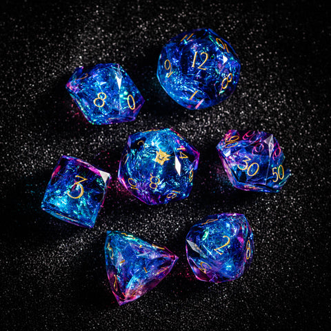 URWizards D&D Würfelset aus Kunstharz, lila Glitzer, graviert, facettenreich, Gengar-Stil