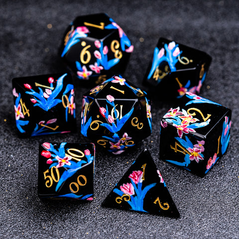 URWizards D&D Obsidian Engraved Dice Set Hand-painted Tulip - Urwizards