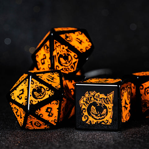 URWizards D&D Obsidian Engraved Dice Set Halloween Pumpkin Style - Urwizards