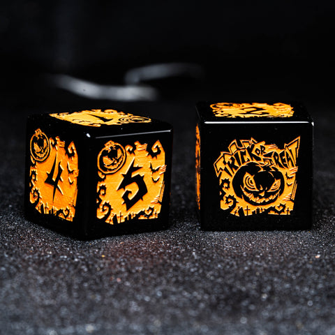 URWizards D&D Obsidian Engraved Dice Set Halloween Pumpkin Style - Urwizards