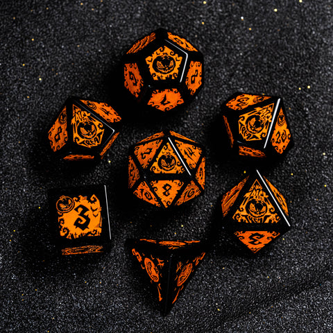 URWizards D&D Obsidian Engraved Dice Set Halloween Pumpkin Style - Urwizards