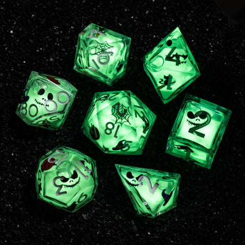 URWizards D&D Glow in the Dark Liquid Core Resin Engraved Dice Set Halloween - Urwizards