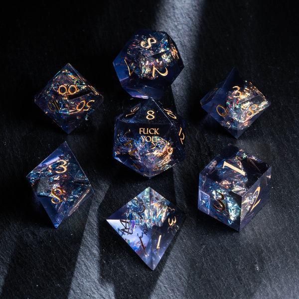 URWizards D&D Night Neon Resin Engraved Dice Set Fuck You Fuck Me Style
