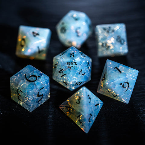 Set di dadi incisi con pietre preziose opalite URWizards D&D Blast stile F*CK