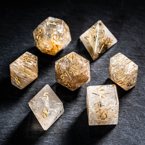 URWizards D&D Golden Rutilated Quartz Gemstone Engraved Dice Set(Limited edition)