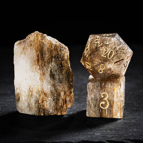 URWizards D&D Golden Rutilated Quartz Gemstone Engraved Dice Set(Limited edition)