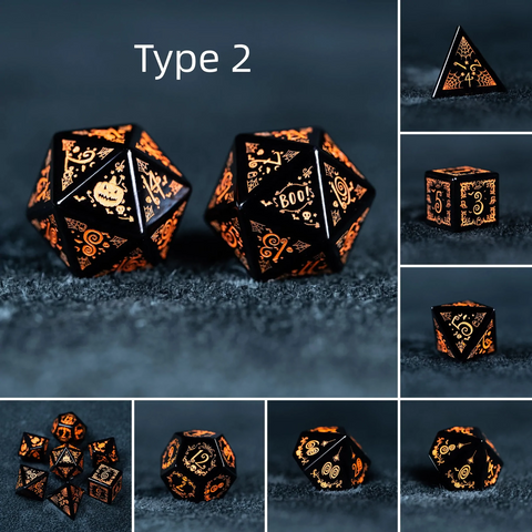 URWizards D&D Obsidian Engraved Dice Set Halloween Style Orange Ink - Urwizards