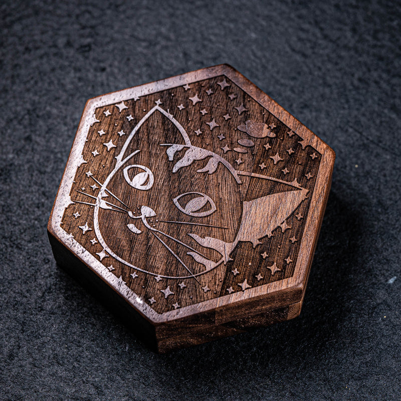 URWizards Engraved Walnut D&D Dice Box Meow - Urwizards
