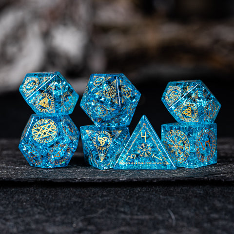 URWizards Dnd Engraved Blast Pale Blue Glass Dice Set Nordic Style - Urwizards