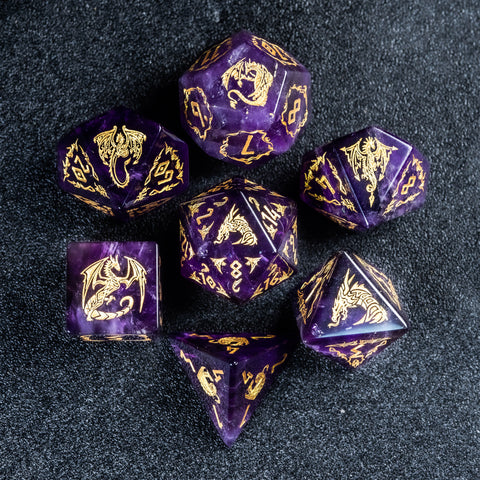 URWizards D&D Amethyst Engraved Dice Set Flying Dragon - Urwizards