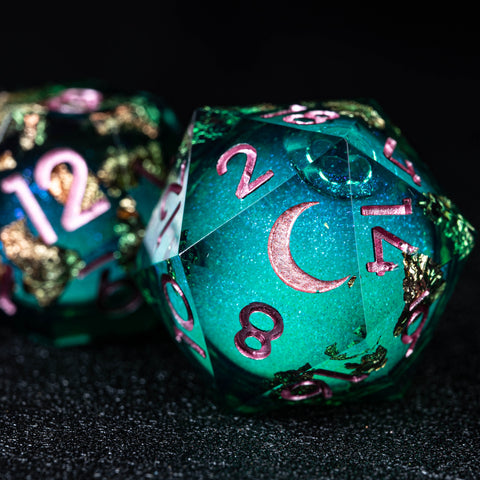 URWizards D&D Emerald Liquid Heart Resin Engraved Dice Set Copper Flakes - Urwizards
