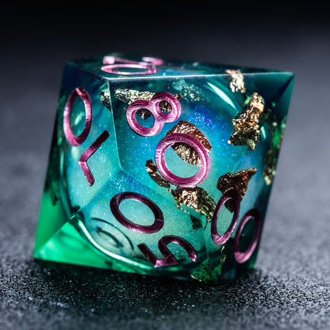 URWizards D&D Emerald Liquid Heart Resin Engraved Dice Set Copper Flakes - Urwizards