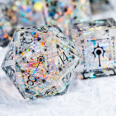 URWizards D&D Resin Opalite Glitter Engraved Dice Set Cleric Style - Urwizards