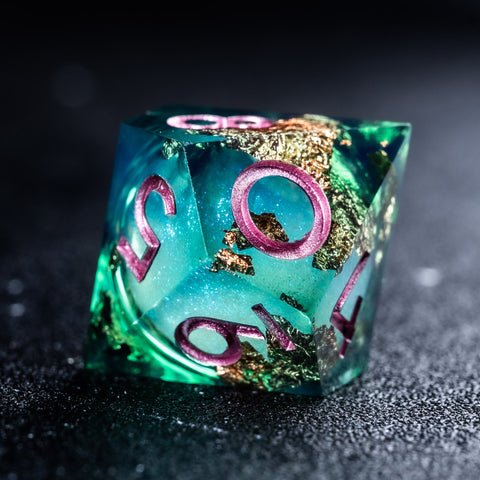 URWizards D&D Emerald Liquid Heart Resin Engraved Dice Set Copper Flakes - Urwizards