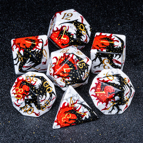 URWizards D&D White Howlite Engraved Dice Set Hand-painted Black Dragon - Urwizards