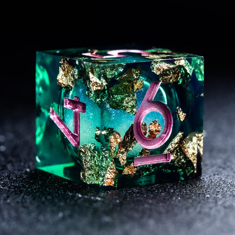 URWizards D&D Emerald Liquid Heart Resin Engraved Dice Set Copper Flakes - Urwizards