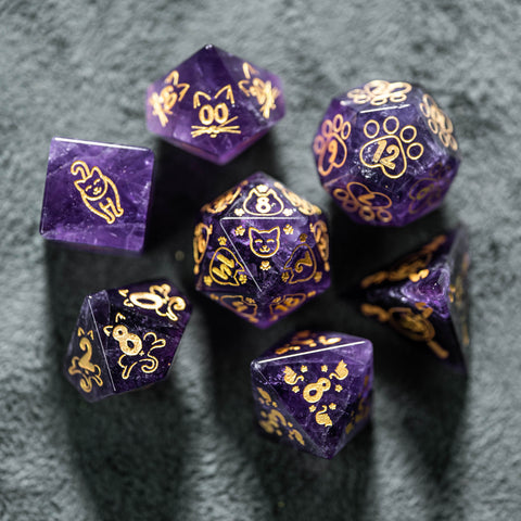 URWizards Dnd Engraved Amethyst Dice Set Meow Style - Urwizards