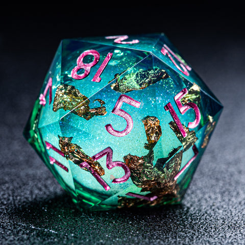 URWizards D&D Emerald Liquid Heart Resin Engraved Dice Set Copper Flakes - Urwizards