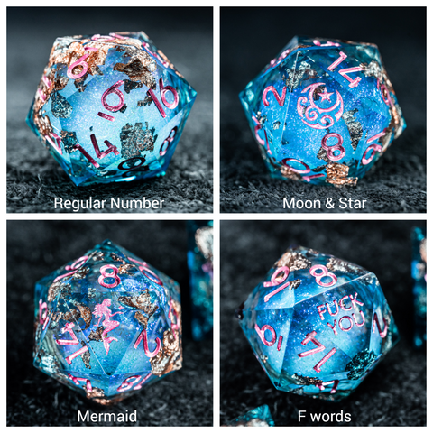 URWizards D&D Pale Blue Liquid Heart Resin Engraved Dice Set Copper Flakes - Urwizards