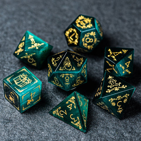URWizards D&D Teal Green Cat's Eye Engraved Dice Set Christmas Style - Urwizards