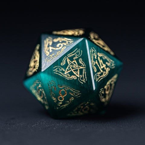 URWizards Dnd Engraved Teal Green Cat's Eye Stone Dice Set Cthulhu Style - Urwizards
