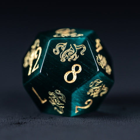 URWizards Dnd Engraved Teal Green Cat's Eye Stone Dice Set Cthulhu Style - Urwizards