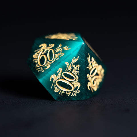 URWizards Dnd Engraved Teal Green Cat's Eye Stone Dice Set Cthulhu Style - Urwizards