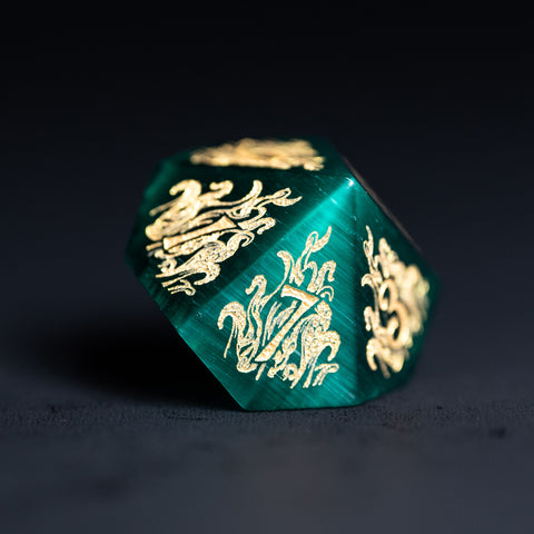 URWizards Dnd Engraved Teal Green Cat's Eye Stone Dice Set Cthulhu Style - Urwizards