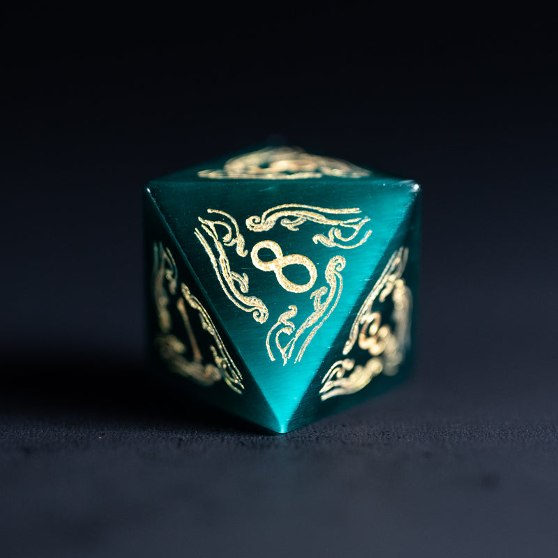 URWizards Dnd Engraved Teal Green Cat's Eye Stone Dice Set Cthulhu Style - Urwizards