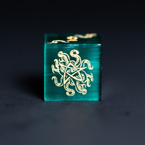 URWizards Dnd Engraved Teal Green Cat's Eye Stone Dice Set Cthulhu Style - Urwizards