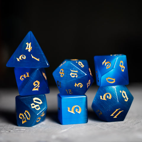 URWizards Dnd Blue Cat's Eye Gemstone Engraved Dice Set Magical Style - Urwizards
