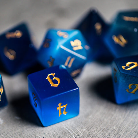 URWizards Dnd Blue Cat's Eye Gemstone Engraved Dice Set Magical Style - Urwizards