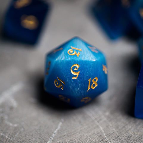 URWizards Dnd Blue Cat's Eye Gemstone Engraved Dice Set Magical Style - Urwizards