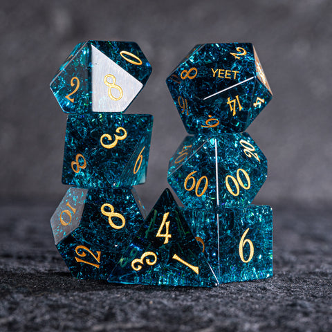 URWizards D&D Blast Blue Glass Engraved Dice Set YEET & F*CK - Urwizards