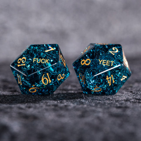 URWizards D&D Blast Blue Glass Engraved Dice Set YEET & F*CK - Urwizards