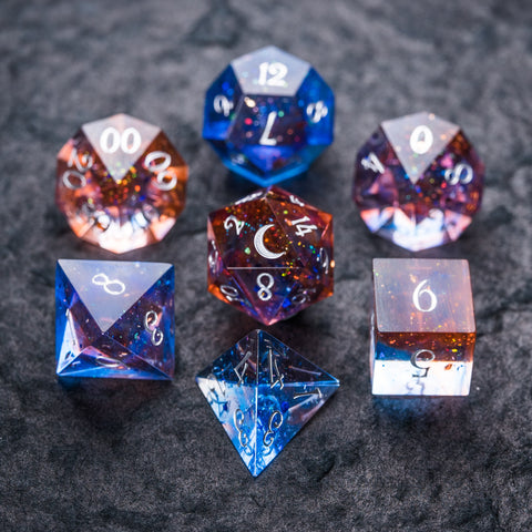 URWizards D&D Resin Dawn Glitter Engraved Dice Set Moon Style - Urwizards