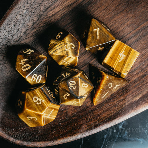 URWizards Dnd Tiger's Eye Engraved Dice Set Wizard lightning Style - Urwizards