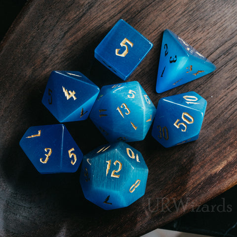 URWizards Dnd Blue Cat's Eye Engraved Dice Set Wizard lightning Style - Urwizards