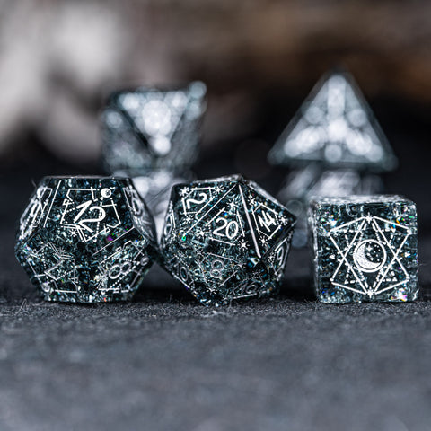 URWizards D&D Blast Black Glass Engraved Dice Set Astrology Style - Urwizards