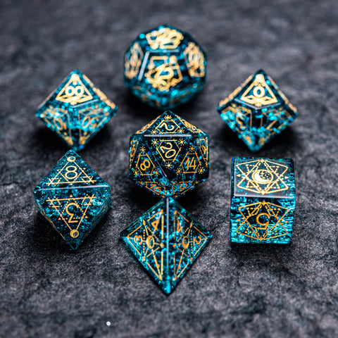 URWizards D&D Blast Blue Glass Engraved Dice Set Astrology Style - Urwizards