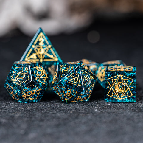 URWizards D&D Blast Blue Glass Engraved Dice Set Astrology Style - Urwizards