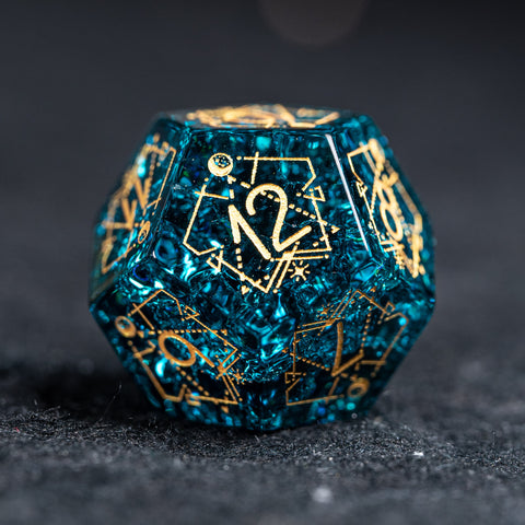 URWizards D&D Blast Blue Glass Engraved Dice Set Astrology Style - Urwizards